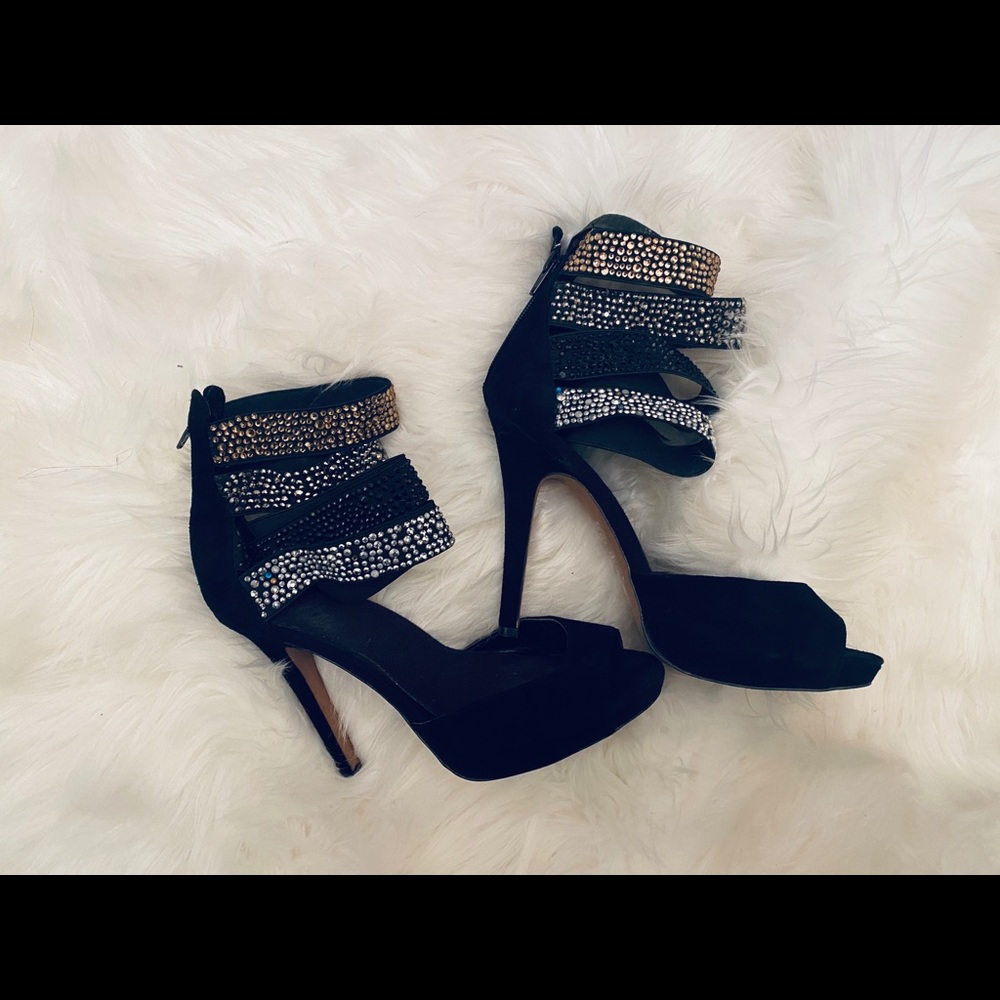 Dress crystal ankle and open toe suede heels